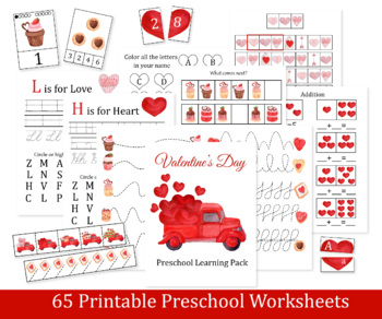 Preview of Valentine Preschool Learning Pack, worksheets, montessori materials