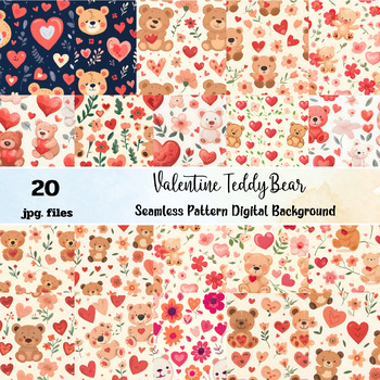Preview of Valentine Teddy Bear Seamless Pattern Digital Background Paper