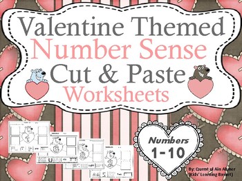 Valentine Themed Number Sense (1-10) Cut and Paste Worksheets