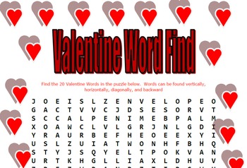 Preview of Valentine Word Find Word Search Printable and Smartboard Activity