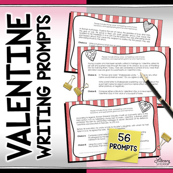 Preview of VALENTINE WRITING PROMPTS: 26 Task Cards, 52 Writing Prompts