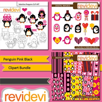 Preview of Valentine clip art: Penguin Pink Black clipart bundle (3 packs)