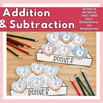 Preview of Valentine's Addition and Subtraction Math Crafts within 10, 20, 2 digit, 3 digit