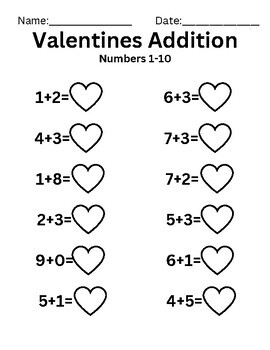 Valentine's Addition and Subtraction Numbers 1-10 | TPT