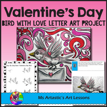 Preview of Valentine's Art Lesson, Bird with Love Letter, Art Project
