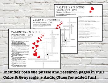 Preview of Valentine's Crossword featuring LOVE songs