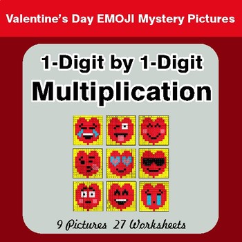 Valentine's Day: 1-Digit Multiplication - Color-By-Number Math Mystery Pictures