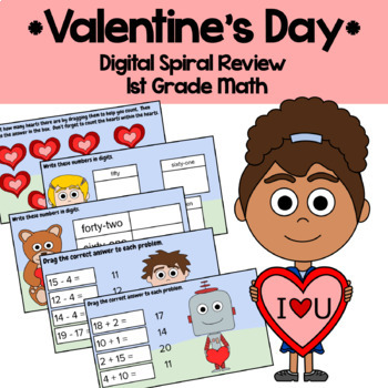 Preview of Valentine's Day 1st Grade Addition Subtraction Google Slides | Math Facts