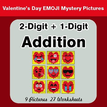 Valentine's Day: 2-Digit + 1-Digit Addition - Color-By-Number Math Mystery Pictures