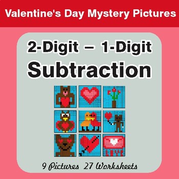 Valentine's Day: 2-Digit - 1-Digit Subtraction - Math Mystery Pictures