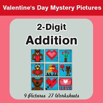 Valentine's Day: 2-Digit Addition - Color-By-Number Math Mystery Pictures