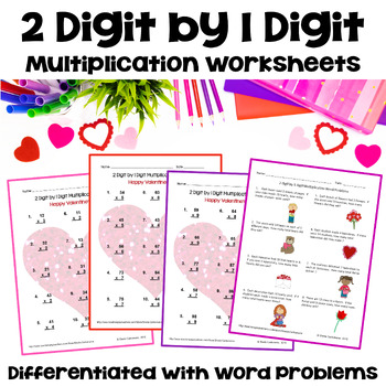 Preview of Valentine's Day Math - 2 Digit by 1 Digit Multiplication with Word Problems