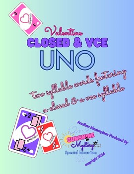 Preview of Valentine's Day 2 syllable UNO card game: closed & vce syllable words