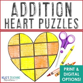 Preview of Addition Heart Puzzles: Mother's Day Math Worksheet Activity Craft Card Game