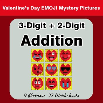 Valentine's Day: 3-Digit + 2-Digit Addition - Color-By-Number Math Mystery Pictures
