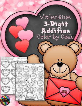Preview of Valentine's Day 3-Digit Addition with Regrouping Color-by-Code Printables