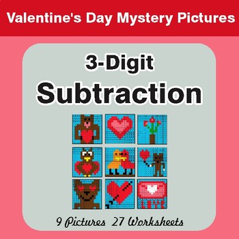 Valentine's Day: 3-Digit Subtraction -  Math Mystery Pictures