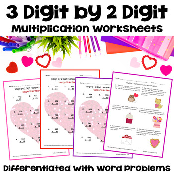 Preview of Valentine's Day Math - 3 Digit by 2 Digit Multiplication with Word Problems