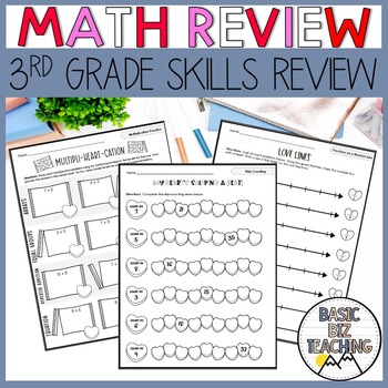 Preview of Valentine's Day 3rd Grade Math Review Packet | No Prep Worksheets
