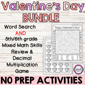 Preview of Valentine's Day 5th 6th Grade Mixed Math Skills with Game and Word Search Bundle