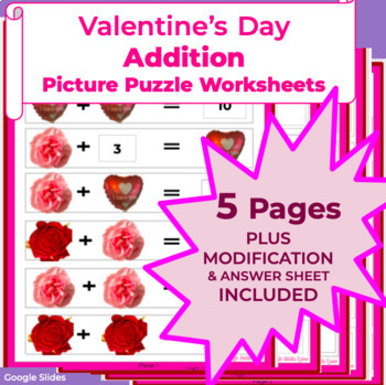 Preview of Valentine's Day ADDITION MATH PUZZLE Worksheets Differentiated with Modification