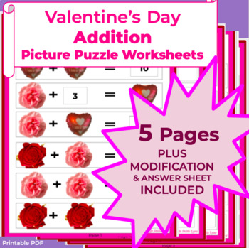 Preview of Valentine's Day ADDITION MATH PUZZLE Worksheets Differentiated with Modification