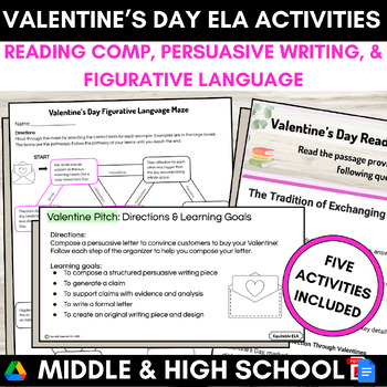 Preview of Valentine's Day Activities Middle High School English Reading Comp Writing