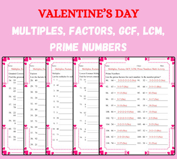 Preview of Valentine's Day Activities Multiples, Factors, GCF, LCM, Prime Numbers Worksheet