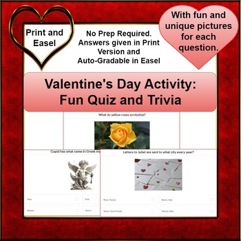 Preview of Valentine's Day Activities: PDF & Easel 20 Questions Quiz with Pictures-No Prep
