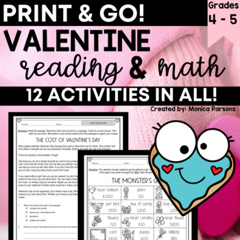 Preview of ELA Valentines Day Activities Valentines Math Worksheets 4th 5th Grade