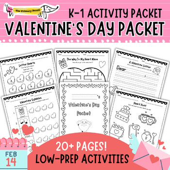 Preview of Valentine's Day Activity Packet | 20+ Morning Work Worksheets K-1 | No Prep!
