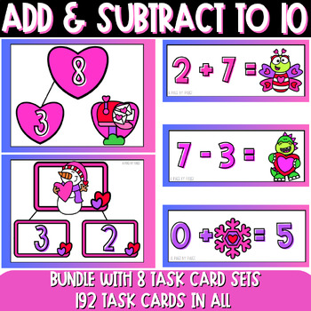 Preview of Valentine's Day Math Facts to 10 Task Cards Bundle - Add and Subtract to 10