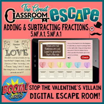 Preview of Valentine's Day Adding & Subtracting Fractions Digital Escape Room Boom Cards™