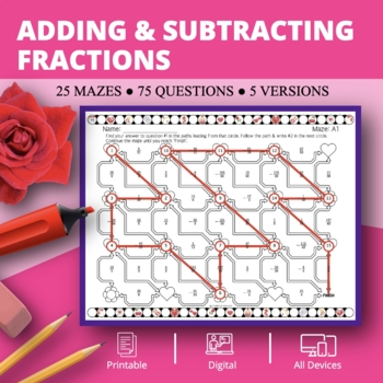 Preview of Valentine's Day: Adding & Subtracting Fractions Maze Activity