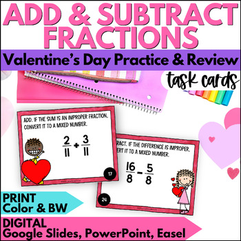 Preview of Valentine's Day Adding & Subtracting Fractions with Regrouping Task Cards Review