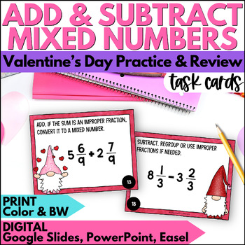 Preview of Valentine's Day Math Adding & Subtracting Mixed Numbers with Like Denominators
