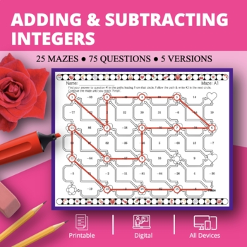 Preview of Valentine's Day: Adding & Subtracting Positive & Negative Integers Maze Activity