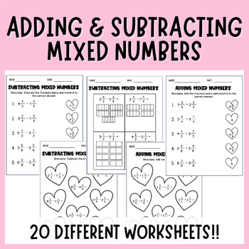 Preview of Adding and Subtracting Mixed Numbers with Like Denominators | Valentine's Day