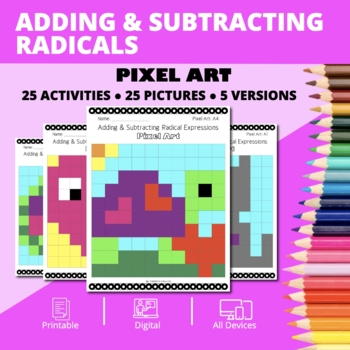 Preview of Valentine's Day: Adding and Subtracting Radical Expressions Pixel Art Activity