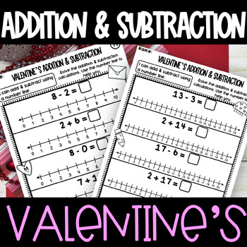 Preview of Valentine's Day Addition Subtraction Number Line Worksheet Bundle