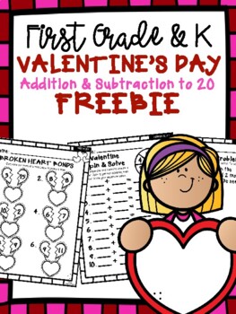 Preview of Valentine's Day Addition & Subtraction to 20 FREEBIE (Kinder & First Grade)