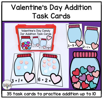 Preview of Valentine's Day Addition Task Cards (Kindergarten Math Center Activity)