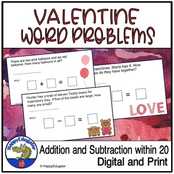 Preview of Valentine's Day Addition and Subtraction Word Problems Digital and Printable