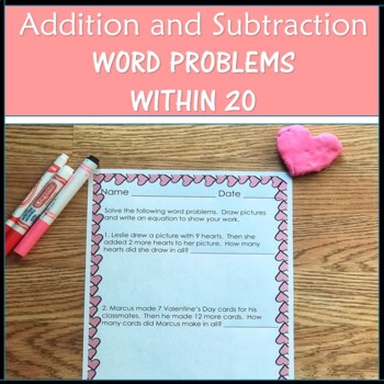 Preview of Valentine's Day Addition Subtraction Word Problems Mix Within 20