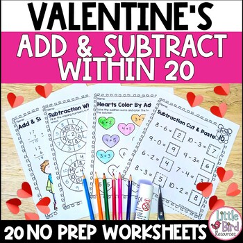 Preview of Valentine's Day Addition and Subtraction to 20 Worksheets February No Prep Math