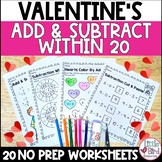 Valentine's Day Addition and Subtraction to 20 Worksheets 