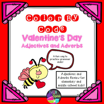 Preview of Valentine's Day Adjectives & Adverbs Practice - Color By Code!