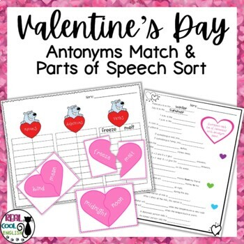 Preview of Valentine's Day Antonyms Match and Parts of Speech Sort - Heart Puzzles