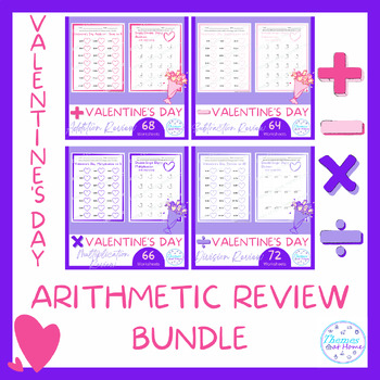 Preview of Valentine's Day Arithmetic Review Worksheets Bundle