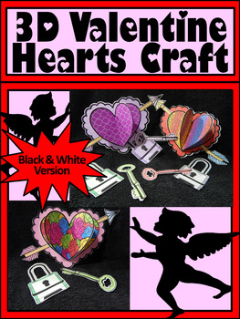 Preview of Valentine's Day Art Activities: 3D Hearts Valentine's Day Craft Activity - BW